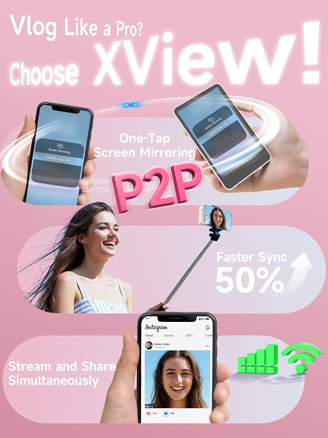 Synco XView Selfie Monitor Screen for iPhone 7-16 Series, Secure Private Wireless P2P, 4K/1080p Magnetic Back Camera Vlog Monitor with 164FT Range for YouTube TikTok (Pink)