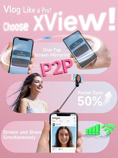 Synco XView Selfie Monitor Screen for iPhone 7-16 Series, Secure Private Wireless P2P, 4K/1080p Magnetic Back Camera Vlog Monitor with 164FT Range for YouTube TikTok (Pink)
