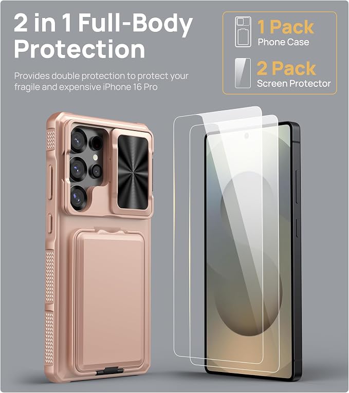 SSLOTSCASE for Samsung Galaxy S25 Ultra Case with 2X Screen Protector [9H Hardness] HD Clarity, Sliding Camera Cover & Stand & Card Holder, Military-Grade Protection Cover for S25 Ultra, Rose Gold