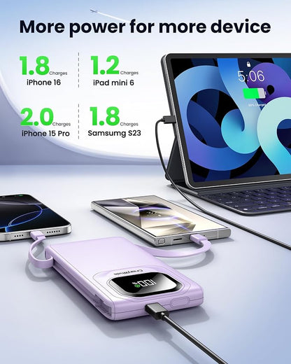 Portable Charger with Built-in Cables,22.5W Super Fast Charging Power Bank Slim Phone Charger,10000mAh Travel Battery Pack Battery Bank with Smart LED Display for iPhone, Android & USB-C (Purple)