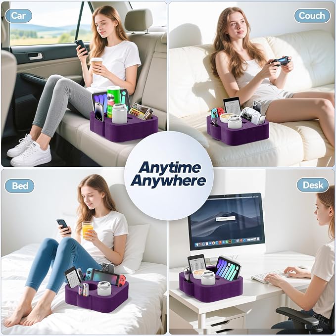 Couch Cup Holder Pillow, Sofa and Bed Caddy for iPad, Kindle, Switch, Game Controller, Remotes, Phones, Small-Sized Cup & Drink Holder for Couch, Bed, Desk, Car, Beach, Bathroom Cup Holder Purple