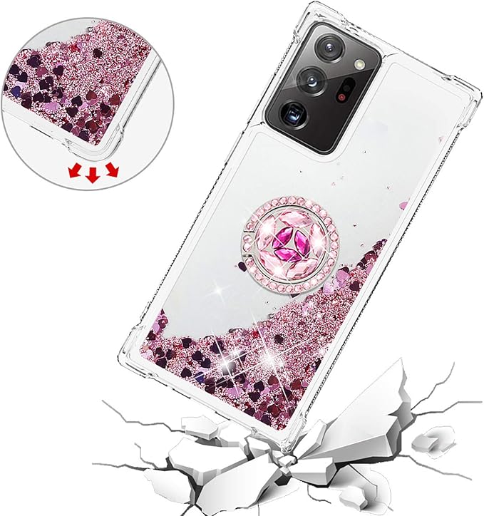 Bumper Case for Galaxy Note 20 Ultra, Glitter Floating Liquid Protective Cover Silicone Phone Case 360°Rotatable Ring Holder Scratch Shell Ultra Slim compatible with Samsung Galaxy Note 20 Ultra