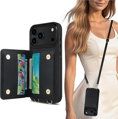 LOHASIC for iPhone 17 Pro Case Wallet with Detachable Crossbody Strap & Wrist Lanyard, RFID Blocking, 4 Card Slots 2 Cash Pockets, Vegan Leather Case with Card Holder for Women Girls, Black