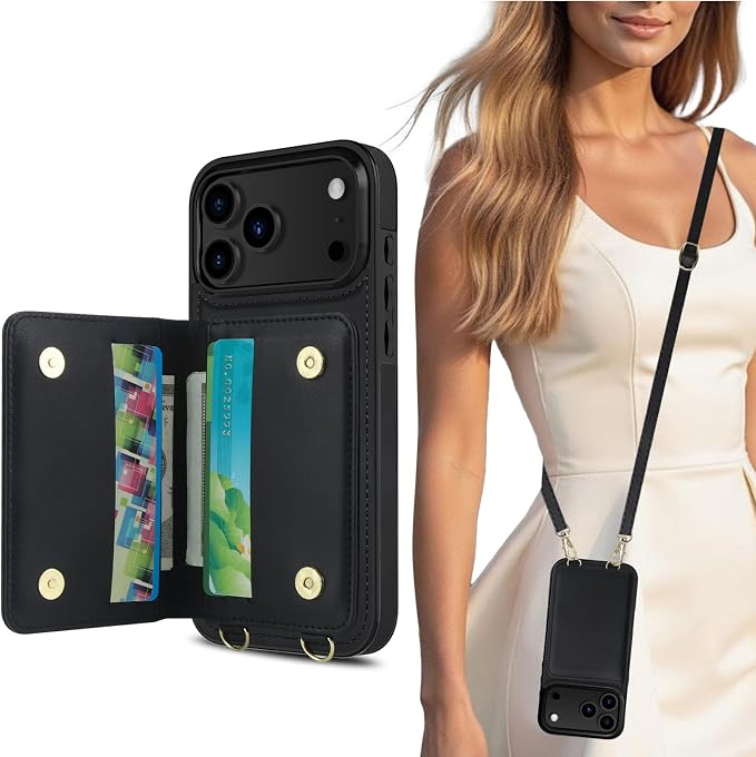LOHASIC for iPhone 17 Pro Max Case Wallet with Detachable Crossbody Strap & Wrist Lanyard, RFID Blocking, 4 Card Slots 2 Cash Pockets, Vegan Leather Case with Card Holder for Women Girls, Black