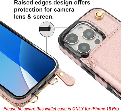 Bocasal Crossbody Wallet Case for iPhone 16 Pro, RFID Blocking Leather Purse Case with Card Holder, Protective Handbag Flip Cover with Zipper Wrist Strap Lanyard for Women 5G 6.3 Inch (Rose Gold)