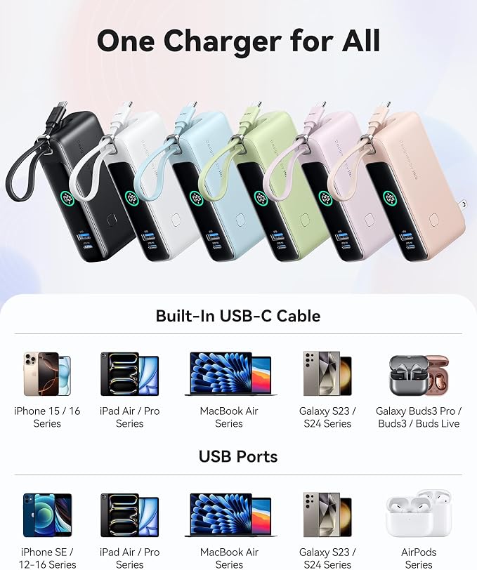 INIU 3-in-1 Portable Charger, Small 10000mah 30W Fast Charging Power Bank with Built-in USB C Cable and Foldable AC Plug, Flight Cruise Ship Travel Phone Charger for College Students Boys Girls, White