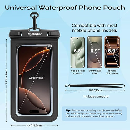 Rynapac Waterproof Phone Pouch - 2 Pack, IPX8 Waterproof Phone Case with Lanyard for iPhone 17 16 15 Pro Max, Cell Phone Dry Bag for Beach Vacation Travel Cruise Essentials, Touch Screen, Up to 8.5"