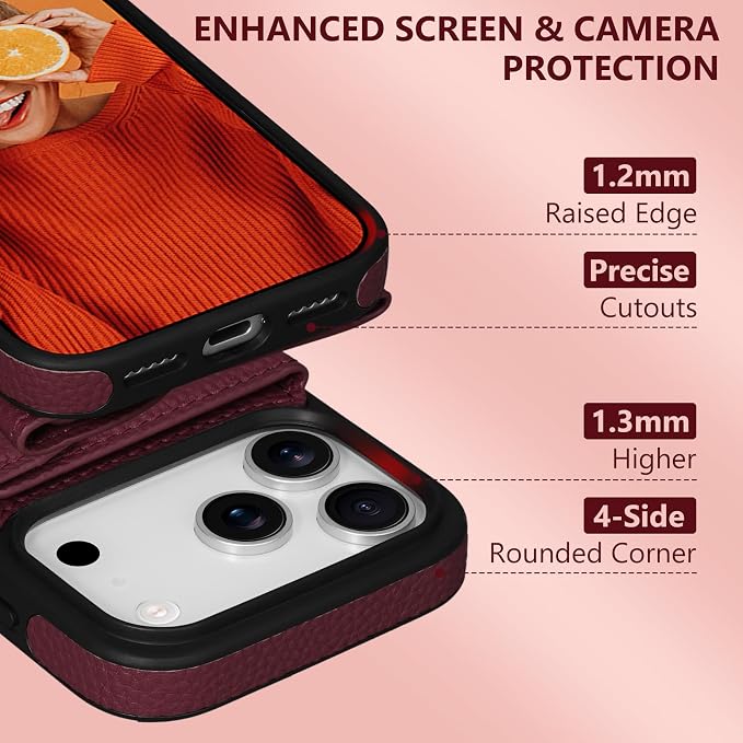 Keallce Wallet Case for iPhone 17 Pro 6.3'', Flip Case with RFID Blocking Card Holder Slots Kickstand, PU Leather Protective Folio Cover for Women, Red