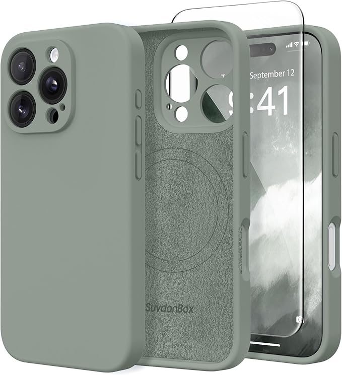 Magnetic for iPhone 16 Pro Case, Compatible with MagSafe, [Full Camera Protection][Screen Protector] Silicone Shockproof Protective Phone Case for iPhone 16 Pro 6.3", Calke Green