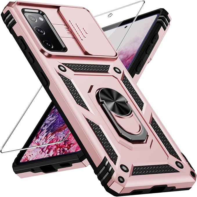 Weycolor for Samsung Galaxy S20 FE 5G Case with Camera Lens Cover, HD Screen Protector, 10 FT Military Grade Drop Protection, Magnetic Ring Holder Kickstand Protective Phone Case, Rose Gold