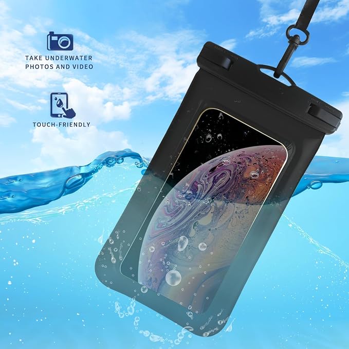 Floatable Waterproof Phone Pouch Case 2 Pax for iPhone 17 16 Pro Max/15/14/13/12, IP68 Travel Cellphone Dry Bag Beach Cruise Ship Essentials Bags with Crossbody Lanyard,Black and White-7″