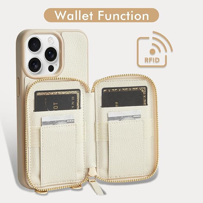 ZVE for iPhone 14 Pro Wallet Case Crossbody, Zipper Card Phone Case with Wrist Strap, Leather Cover with RFID Blocking for Women Compatible with iPhone 14 Pro, 6.1 inch, 2022-Beige
