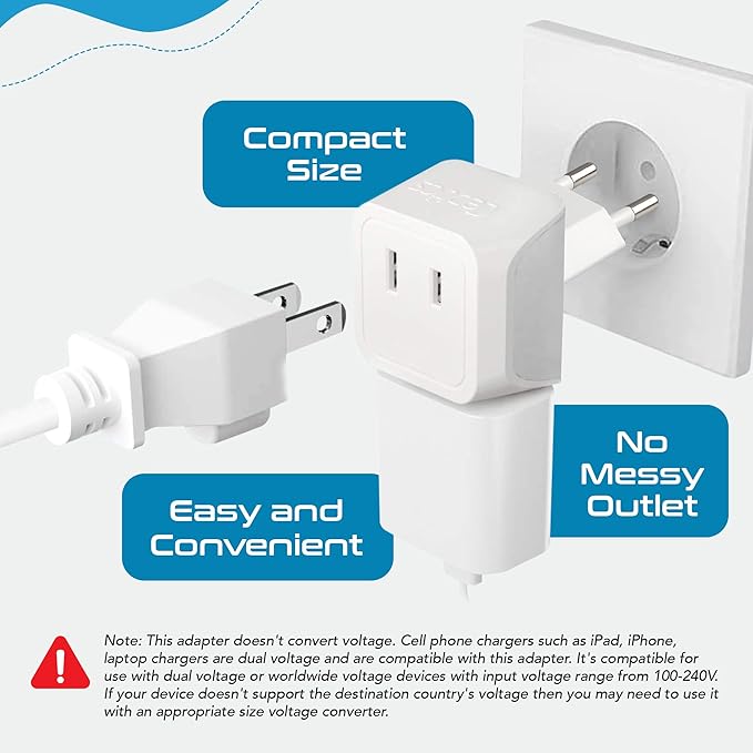 Ceptics European Travel Plug Adapter Europe Power Adaptor Charger Dual Input - Ultra Compact - Light Weight - USA to any Type C Countries such as Italy, Iceland, Austria and More (CT-9C), white | USA to Type C adapter, Lightweight Design, European Plug...