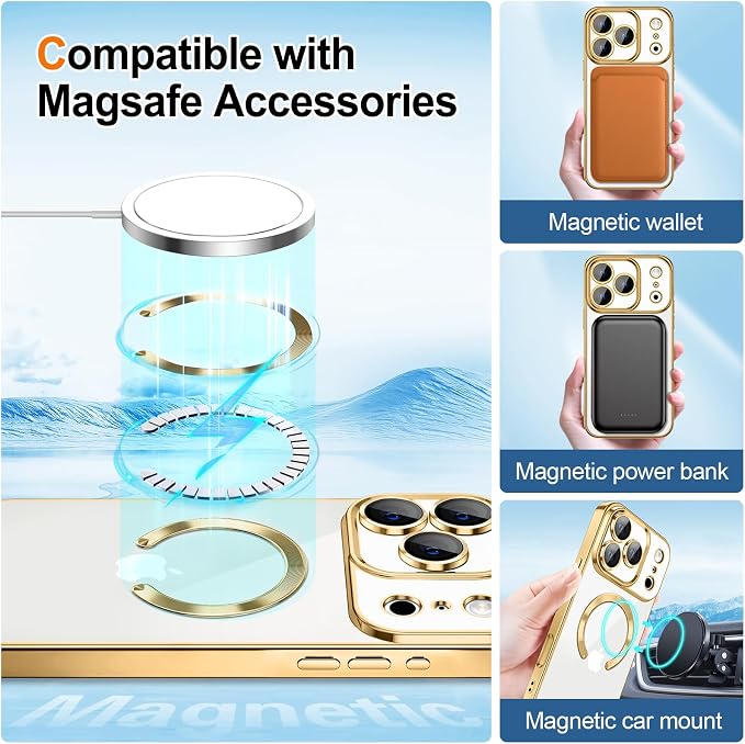 Hython for iPhone 17 Pro Max Case Glitter Clear Magnetic Phone Cases [Compatible with MagSafe] Full Camera Lens Protector Sparkle Luxury Plating Slim Shockproof Protective Cover Women, Gold