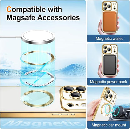 Hython for iPhone 17 Pro Max Case Glitter Clear Magnetic Phone Cases [Compatible with MagSafe] Full Camera Lens Protector Sparkle Luxury Plating Slim Shockproof Protective Cover Women, Gold