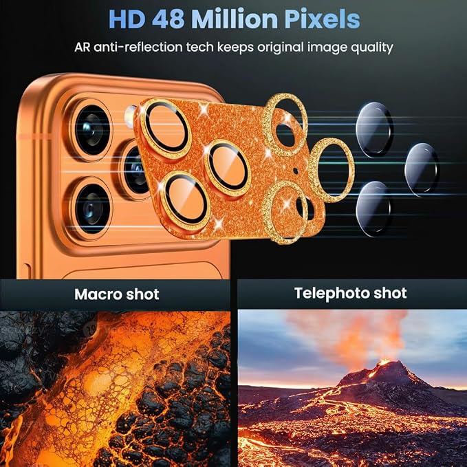Glitter Bling Ring Camera Lens Protector cover for iPhone 17 Pro Max Women, 9H Hardness Tempered Glass Lens Protector, Anti-Scratch, Cosmic Orange (orange)