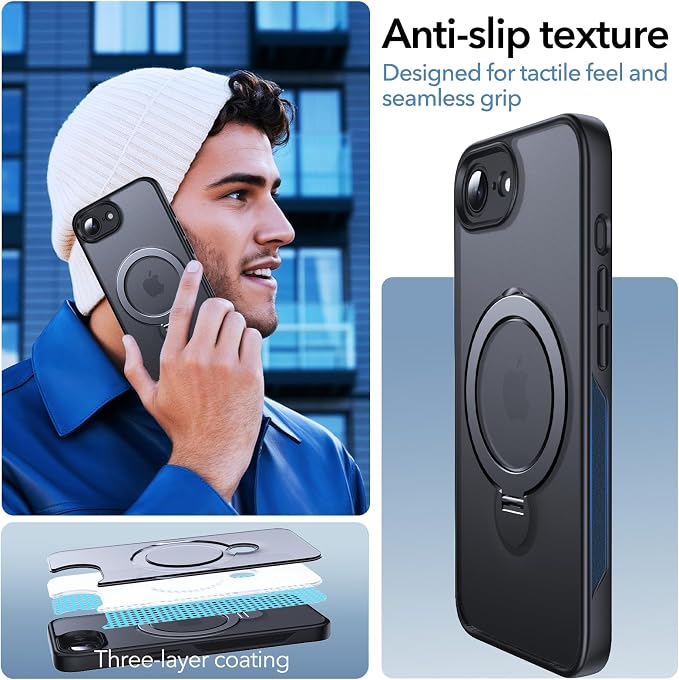 Anqrp 360° All-in-ONE Stand Case for iPhone 17e & iPhone 16e Case with Rotatable Magnetic Kickstand Ring Holder, Compatible with MagSafe, MIL-Grade Shockproof iPhone 17e/16e Phone Case Cover,Black