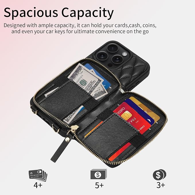 ZVE Compatible with iPhone 14 Pro Max Wallet Case for Women, PU Leather Shockproof Crossbody Phone Case with Card Holder for iPhone 14 Pro Max 6.7 Inch-Black