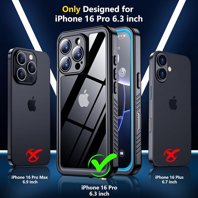 SPIDERCASE for iPhone 16 Pro Case Waterproof, [12FT Military Drop Proof] [IP68 Waterproof] [Full Body Protection] Heavy Duty Protective Cover for iPhone 16 Pro 6.3”, Light Blue