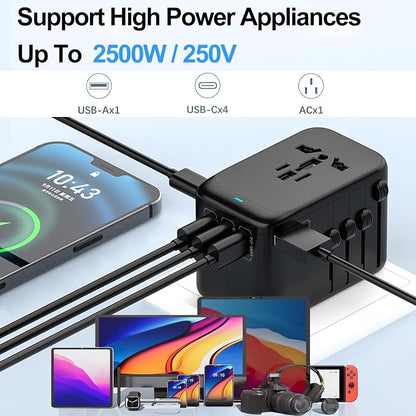 JMFONE GaN 100W Universal Travel Adapter, 5 USB Ports & 2500W AC Socket, USB C Fast Charging Laptops/Tablets/Phones, International Power Adapter with EU UK US AUS Plugs for 200+ Countries