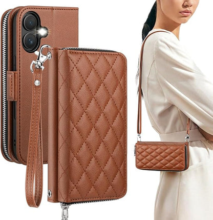 OCASE for iPhone 17 Crossbody Wallet Case - Stylish PU Leather Handbag Phone Purse with Zipper Closure, Card Slots & RFID Blocking - Wrist Strap, Lanyard, Kickstand - Diamond Check Brown