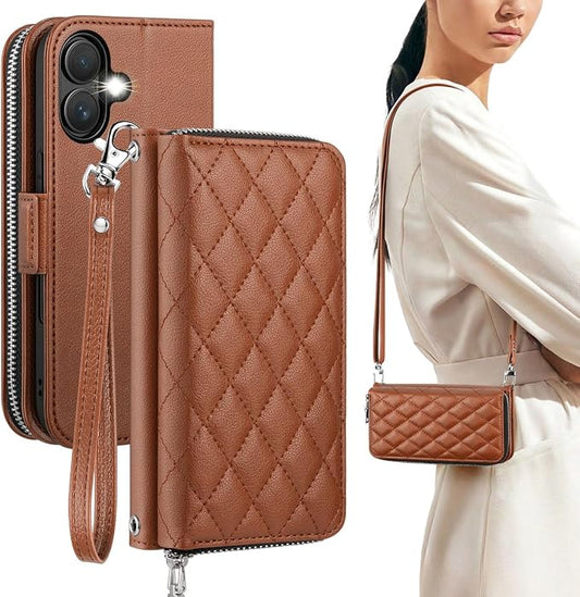 OCASE for iPhone 17 Crossbody Wallet Case - Stylish PU Leather Handbag Phone Purse with Zipper Closure, Card Slots & RFID Blocking - Wrist Strap, Lanyard, Kickstand - Diamond Check Brown