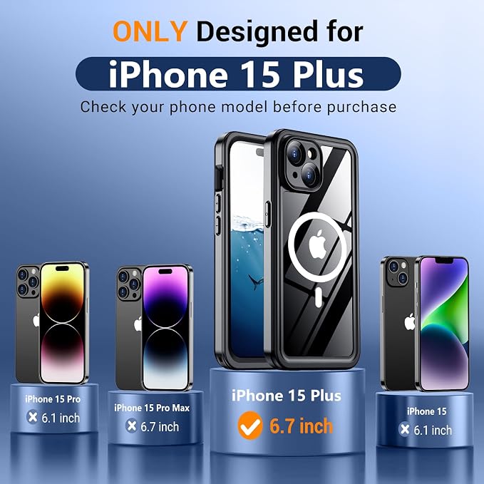Temdan Magnetic for iPhone 15 Plus Case Waterproof,Built-in Screen Protector [IP68 Underwater][15FT Military Dropproof][Dustproof][Compatible with MagSafe] 360 Full-Body Shockproof iPhone Case-Black