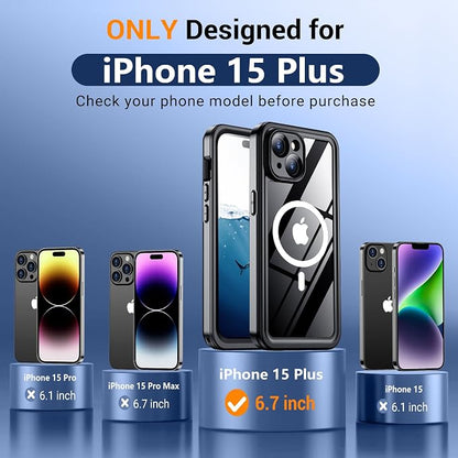 Temdan Magnetic for iPhone 15 Plus Case Waterproof,Built-in Screen Protector [IP68 Underwater][15FT Military Dropproof][Dustproof][Compatible with MagSafe] 360 Full-Body Shockproof iPhone Case-Black