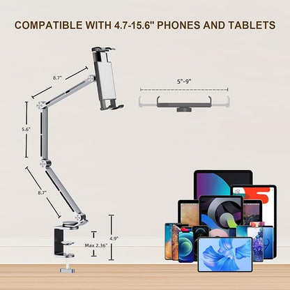 Tablet Stand Holder for Desk Aluminum Alloy Ipad Desk Mount Monitor with 360°Rotate Base, Adjustable&Foldable Tablet Arm for 4.7"-15.6" Screen Phone,Kindle,Fire HD,Monitor