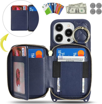 Crossbody Wallet Case for iPhone 14 Pro, PU Leather Zipper Handbag Purse Flip Cover, Kickstand Folio Case with Card Slots Holder Wrist Strap Lanyard 5G 6.1 Inch-Blue
