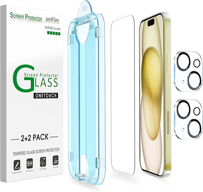 amFilm OneTouch 2+2 Pack Compatible with iPhone 15 Screen Protector 6.1" Tempered Glass with Camera Lens Protector Accessories, Premium Easiest Installation Kit 9H, Case Friendly Anti-Scratch HD