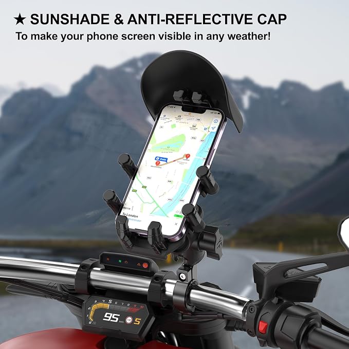 iMESTOU Anti-Vibration Motorcycle Phone Mount, Shock Damping Bike Cellphone Holder with 1" Ball Mount Base 720° Rotatable Fits for 12-32mm Handlebars, Widely Compatible with 5.4"-7.0" Smartphones