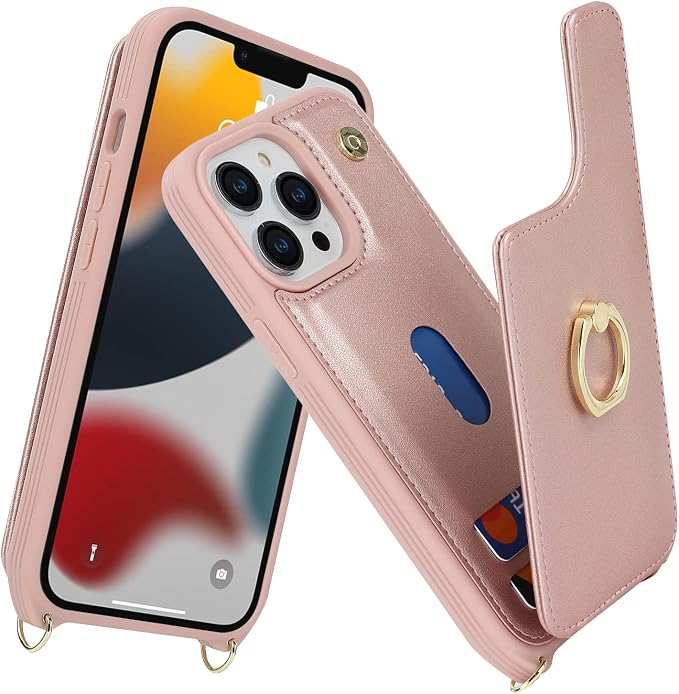 Lipvina for iPhone 13 Pro Max/iPhone 12 Pro Max Case with Card Holder for Women,Crossbody Strap Lanyard,Credit Card Holder,Ring Stand,Snap Clasp,Wallet Case 6.7 inch (Rose Gold)