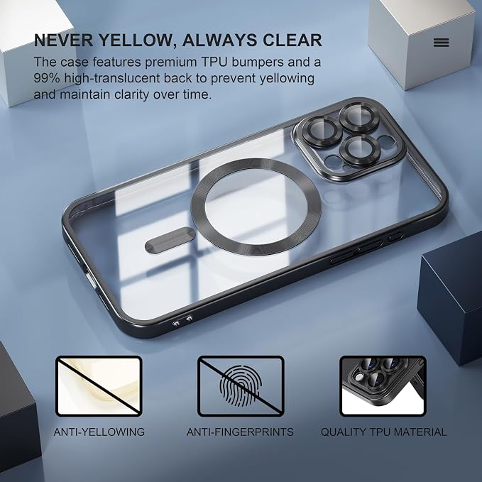 Misea Magnetic for iPhone 15 Pro Max Case [Never Yellowing] [Military Grade Drop Protection] Full Camera Lens Protector Soft Clear Phone Case for Women Girls, Titanium Black