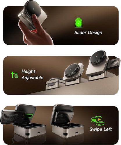ZEEHOO 3-in-1 Foldable Magnetic Wireless Charging Station, Qi2 Certified 15W Travel Charger Stand Dock Wireless Charger for iPhone 17/16/15/14/13/12 Series, Apple Watch, AirPods (30W Adapter Included)