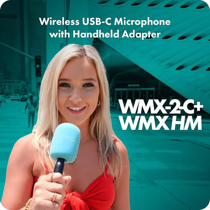 Movo WMX-2-C USB-C Wireless Lavalier Microphone for iPhone 15/Android/USB C Devices with WMX-HM Handheld Adapter - Lapel Mic with Handle Mount for Content Creators, Interviews, Reporting