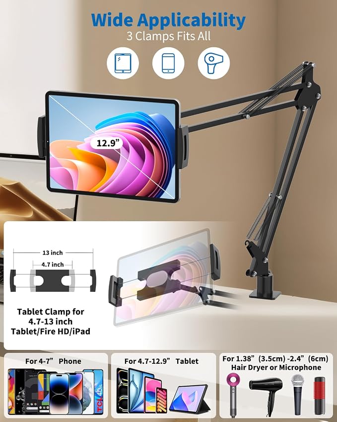 Overhead Camera Phone Mount, Desk Phone Stand for Recording, Phone Holder for Bed with Phone/Tablet/Mic Clamps, 1/4" Thread Magic Arm for DSLR, Webcam, iPad, TikTok, YouTube, Streaming, Cooking, Video