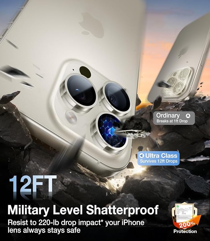 UltraGlass for iPhone 16 Pro Max/16 Pro Camera Lens Protector [NO.1 Military Grade Shatterproof] iPhone 16 Pro Max Camera Protector, 16 Pro Lens Cover [Longest Durable] Easy Install, Natural Titanium