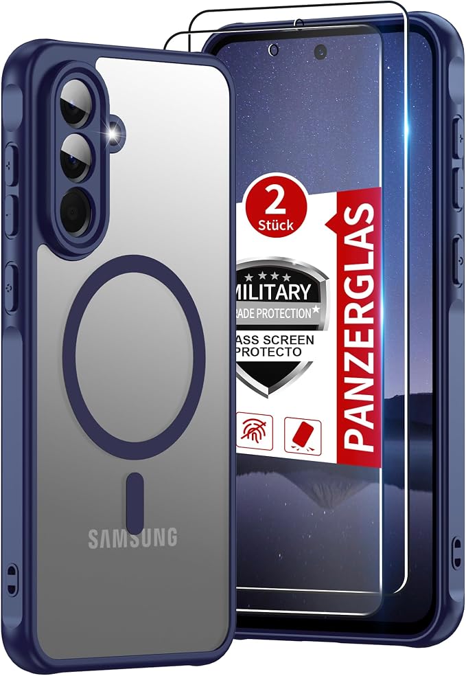 for Samsung Galaxy A56 5G Phone Case : A56 Case [Mag-Safe Fit] with Tempered Glass Screen Protector, Samsung A56 5G Case Matte Translucent Soft-Touch Skin & Full Body Protection Cell Phone A 56,Blue