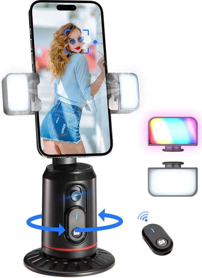 MQOUNY Auto Face Tracking Phone Holder, 360° Rotation Face Body Phone Tripod Smart Shooting Camera Mount with Rechargeable Remote and Light for Live Vlog Streaming Video, Rechargeable