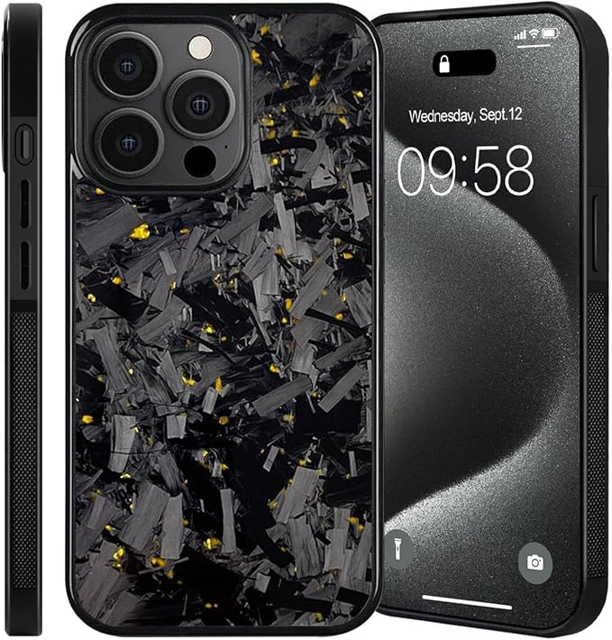Hexafiber Phone Case,Forged Carbon Fiber Flakes Case,All-Inclusive,Support Wireless Charging,Anti-Slip Sides for iPhone Series (for iPhone 13 Pro,Gold)