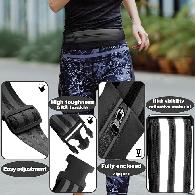 Running Phone Belt for Women and Men Phone Holder Runners Pouch Waist Reflective Runners Money Belt Exercise Waist for Workout Jogging Gear Accessories (Black）