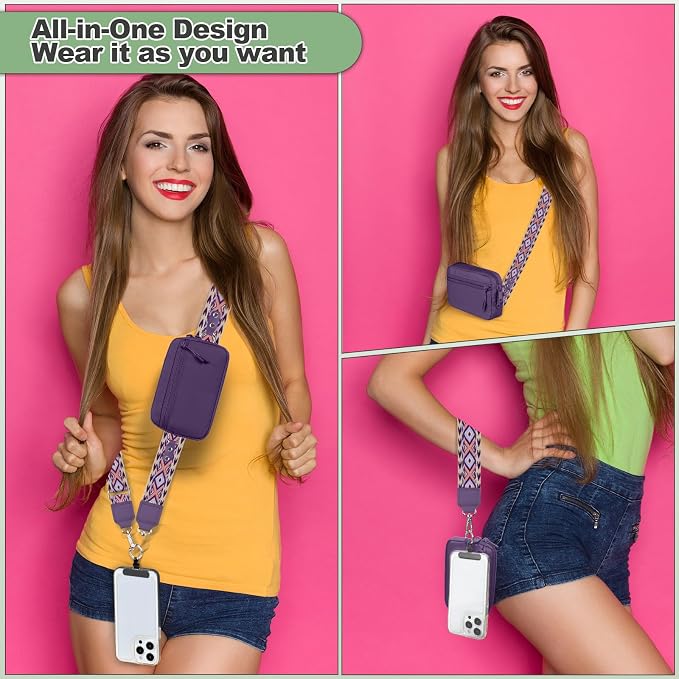 YFWE Clip and Go Strap for Phone with Wallet Crossbody, Adjustable Phone Lanyard with Detachable RFID Wristlet Wallet, Pattern Strap, Dark Purple(M)