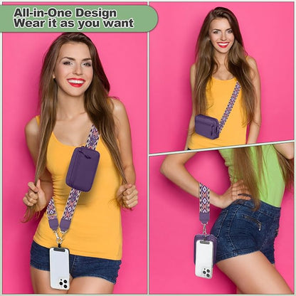 YFWE Clip and Go Strap for Phone with Wallet Crossbody, Adjustable Phone Lanyard with Detachable RFID Wristlet Wallet, Pattern Strap, Dark Purple(M)