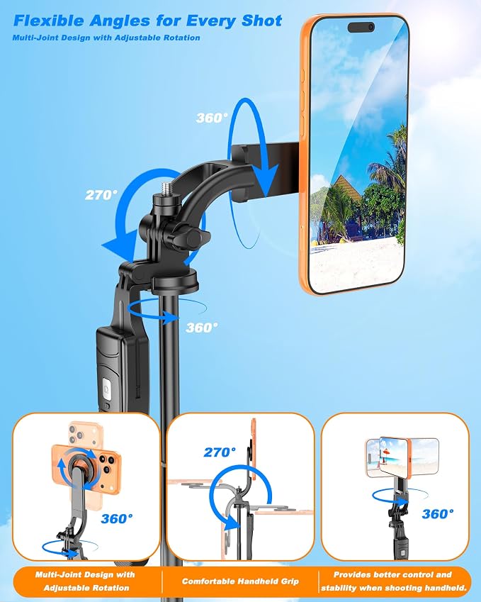 Magnetic Phone Tripod & Selfie Stick, 66.9" Adjustable Height, Strong Magnetic Mount, One-Button Unlock Tripod Design, Bluetooth Remote, Flexible Angles for Vlogging & Content Creation