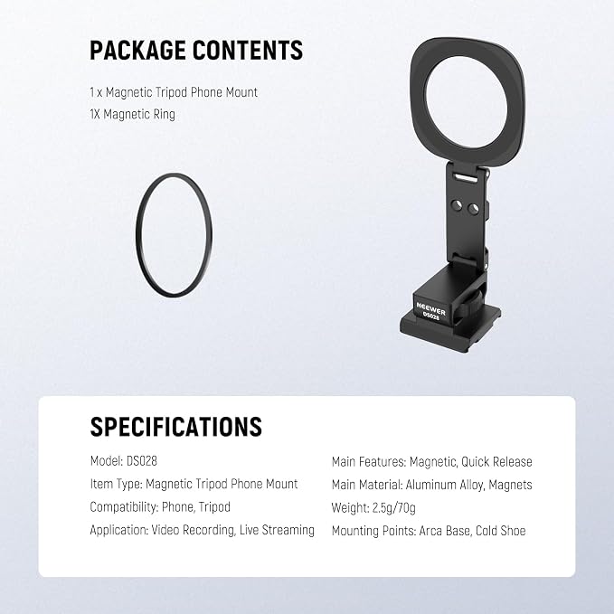 NEEWER Magnetic Phone Tripod Mount Compatible with MagSafe iPhone 17, Cell Phone Holder with Arca Quick Release Baseplate & Cold Shoes for TikTok Video Recording Selfie Live Streaming Vlogging, DS028