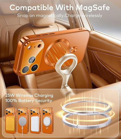 Magnetic for iPhone 17 Pro Case with Ring Stand, Fits MagSafe, with Built-in Camera Cover, Slim Electroplated Shockproof Phone Case, Orange
