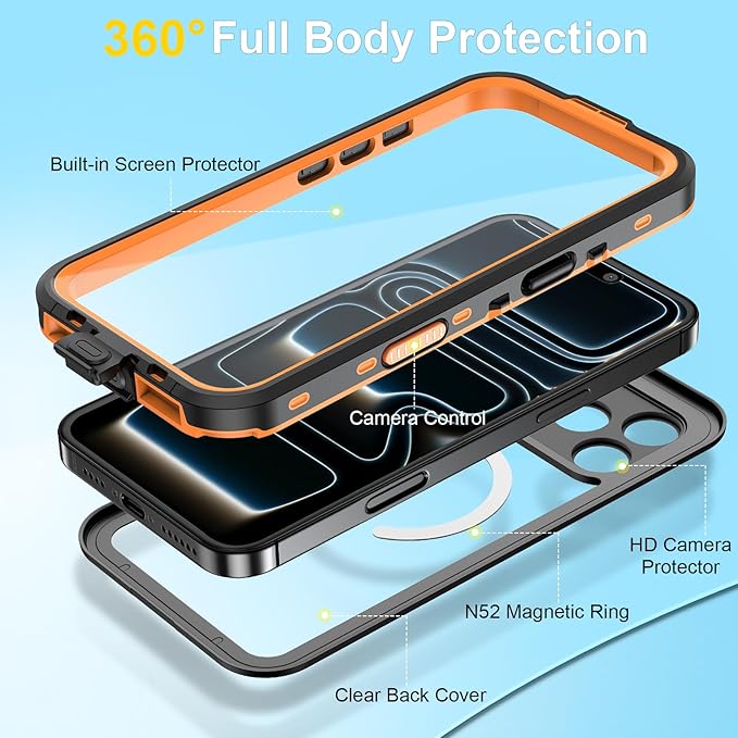 Beasyjoy for iPhone 17 Pro Case Waterproof, Built-in Screen Protector & Full Body Protection, Heavy Duty Rugged Military Shockproof Dustproof Case for Outdoor, Compatible with MagSafe, 6.3 inch Orange