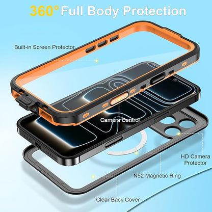 Beasyjoy for iPhone 17 Pro Case Waterproof, Built-in Screen Protector & Full Body Protection, Heavy Duty Rugged Military Shockproof Dustproof Case for Outdoor, Compatible with MagSafe, 6.3 inch Orange