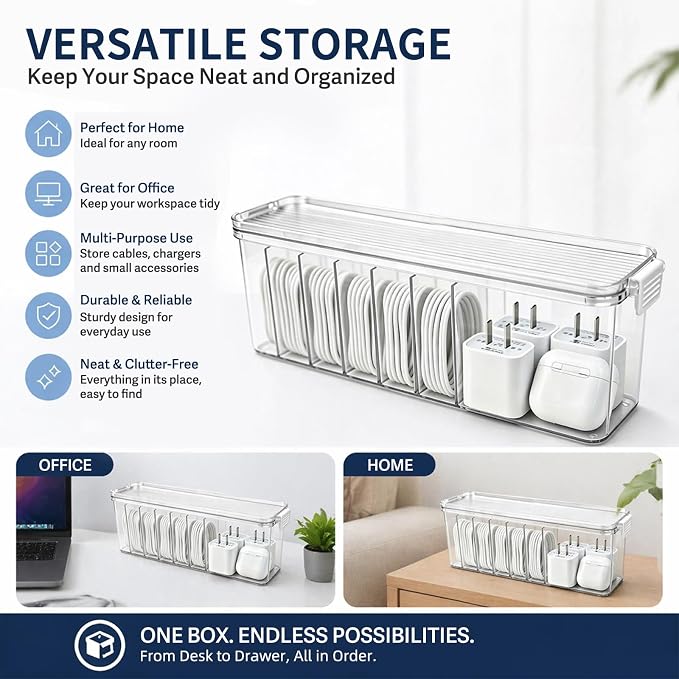 TexHome 2 Pcs Cable Organizer Boxes Clear Charger Cable Storage Boxes with Lid and Cable Straps, Plastic Electronics Cord Organizer for Office Desk Home Drawer Accessories Storage, Clear